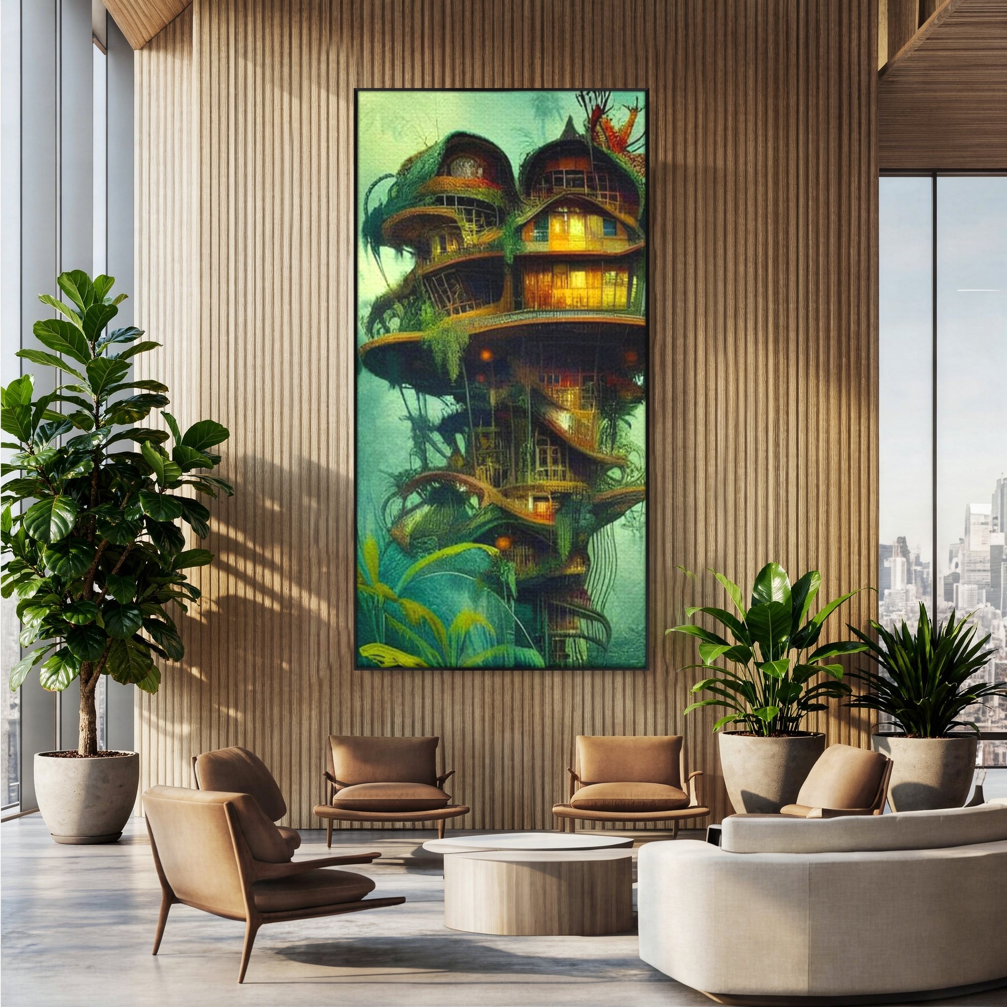 Tablou canvas cu ilustratie digitala cu turn in copac, in rama de aluminiu negru, pe perete intr-un birou
